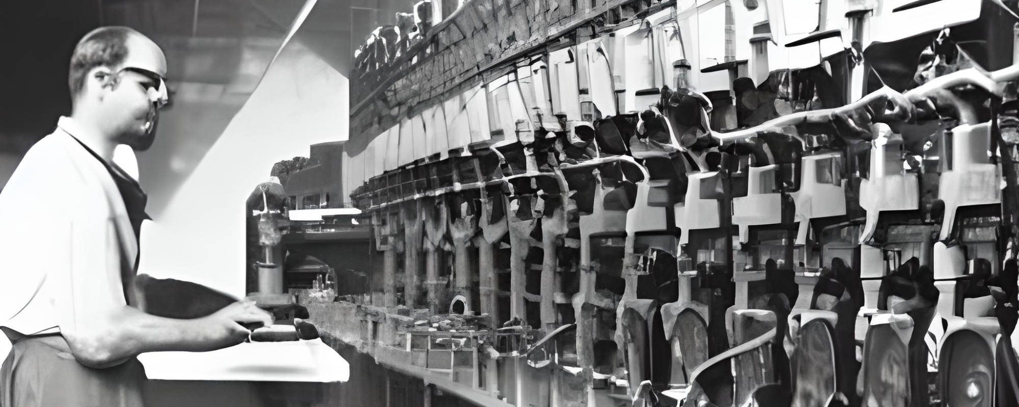 Banner. AI picture. Man and set of relays and some early concept of automatization control unit.